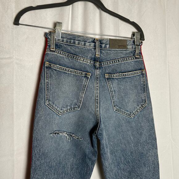 Carmen Straight Thrashed Distressed High Rise Red Tuxedo Stripe Denim Blue Jeans - Picture 4 of 10